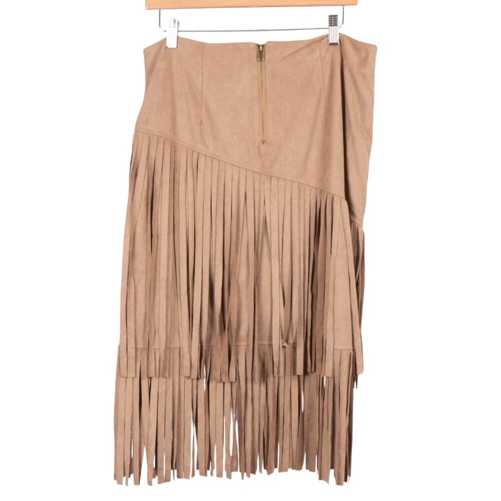 Fringe Vegan Suede Midi Skirt 12 Womens Tan Western Hippie Boho Asymmetrical - Picture 6 of 6